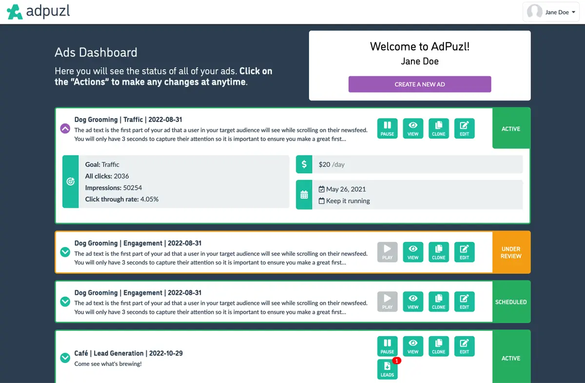 Screenshot of the AdPuzl dashboard 